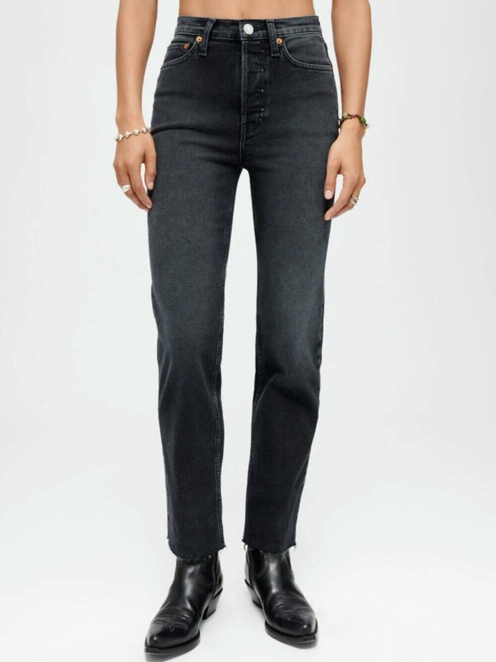 Re/Done Comfort Stretch High Rise Stove Pipe Jeans in Washed Noir